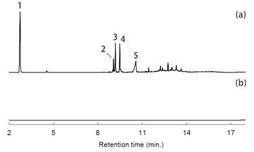 図3 HDDおよび操作ブランクのGC/MS-TIC（（a）HDD,（b）操作ブランク）