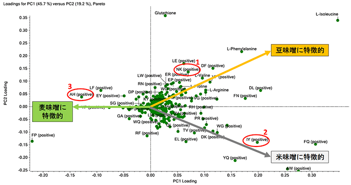 味噌11種の主成分分析ローディングプロット
